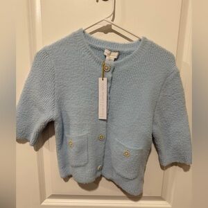 House of Harlow 1960 Blue Cropped Cardigan Short Sleeve Pearl Rhinestone Button